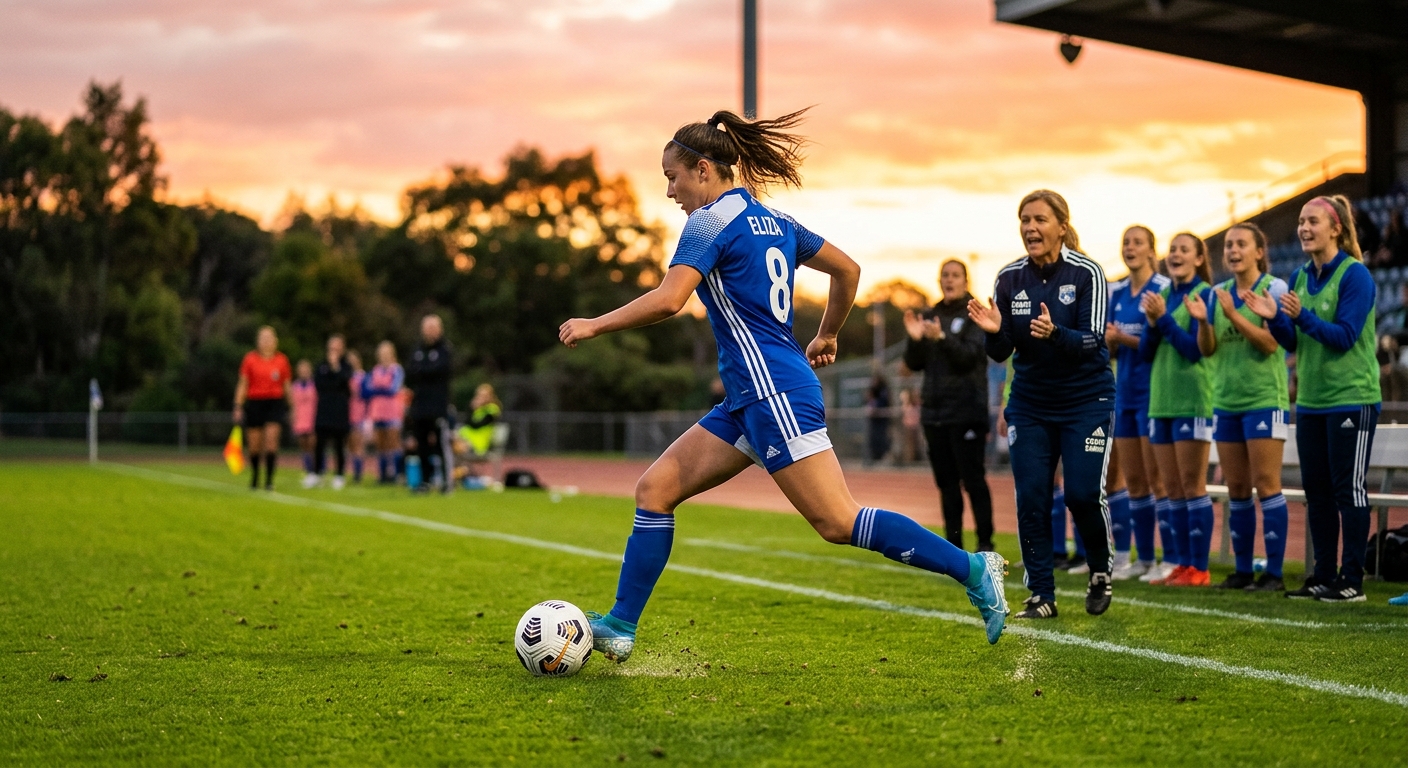 Female soccer player in action on a green field at golden hour, with supportive teammates and a vibrant sunset sky in the background.
