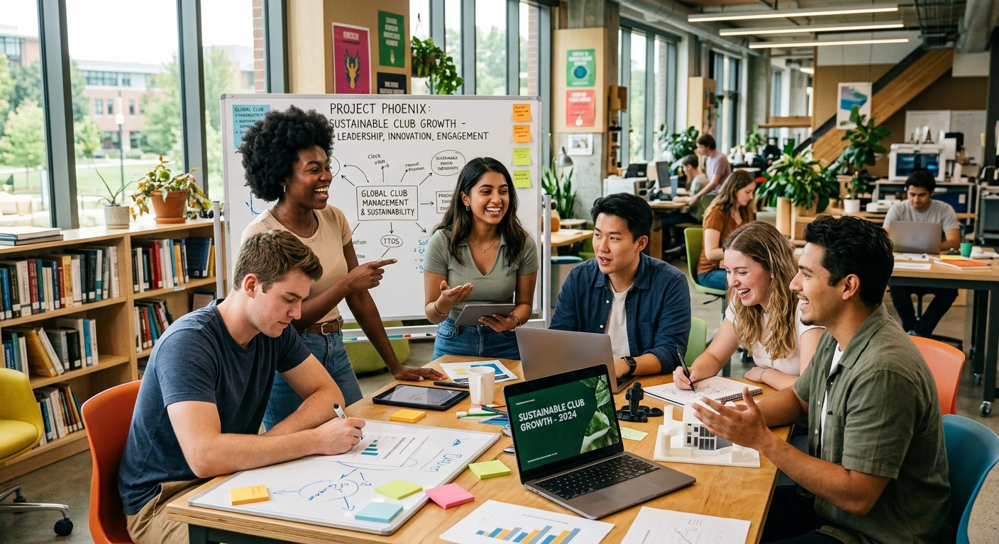 Students collaborating energetically in a modern school setting, expressing enthusiasm and focus in a bright, vibrant environment.